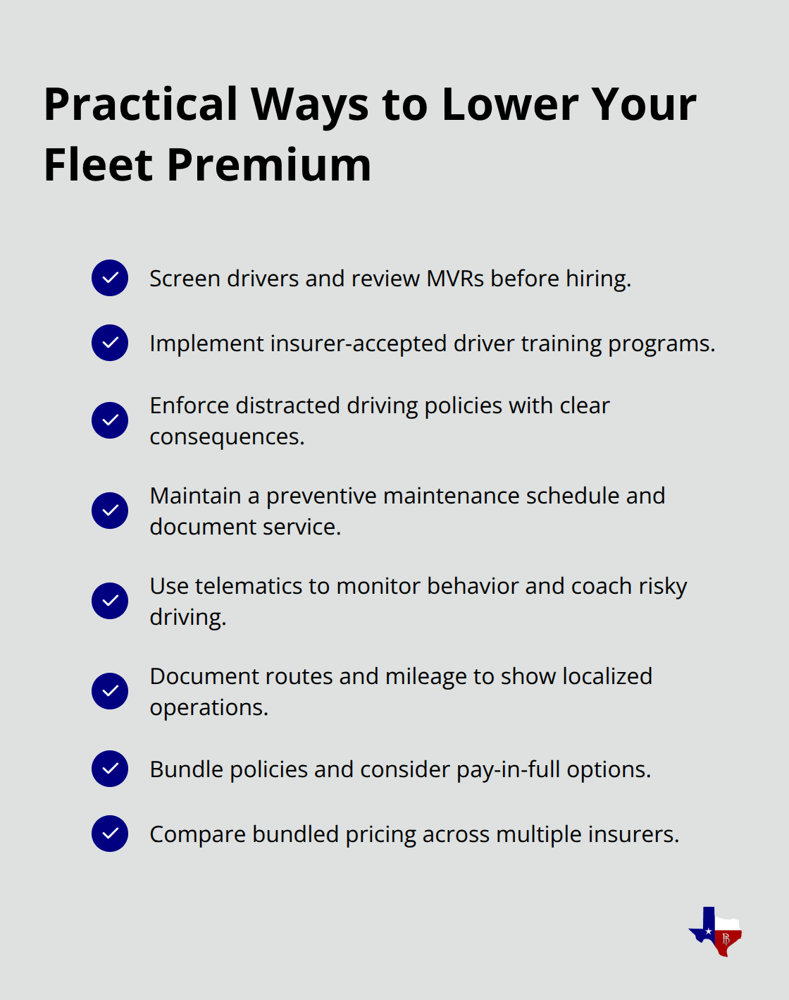 Checklist of steps Texas fleets can take to reduce insurance costs. - Fleet auto coverage Texas