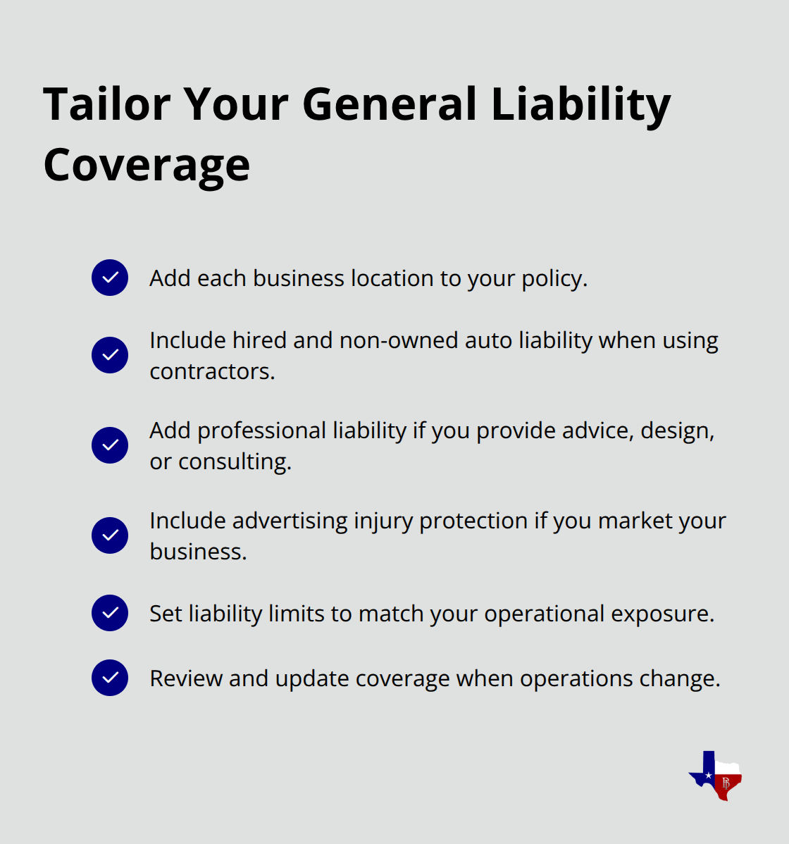 Checklist of common endorsements to align coverage with real-world exposures.