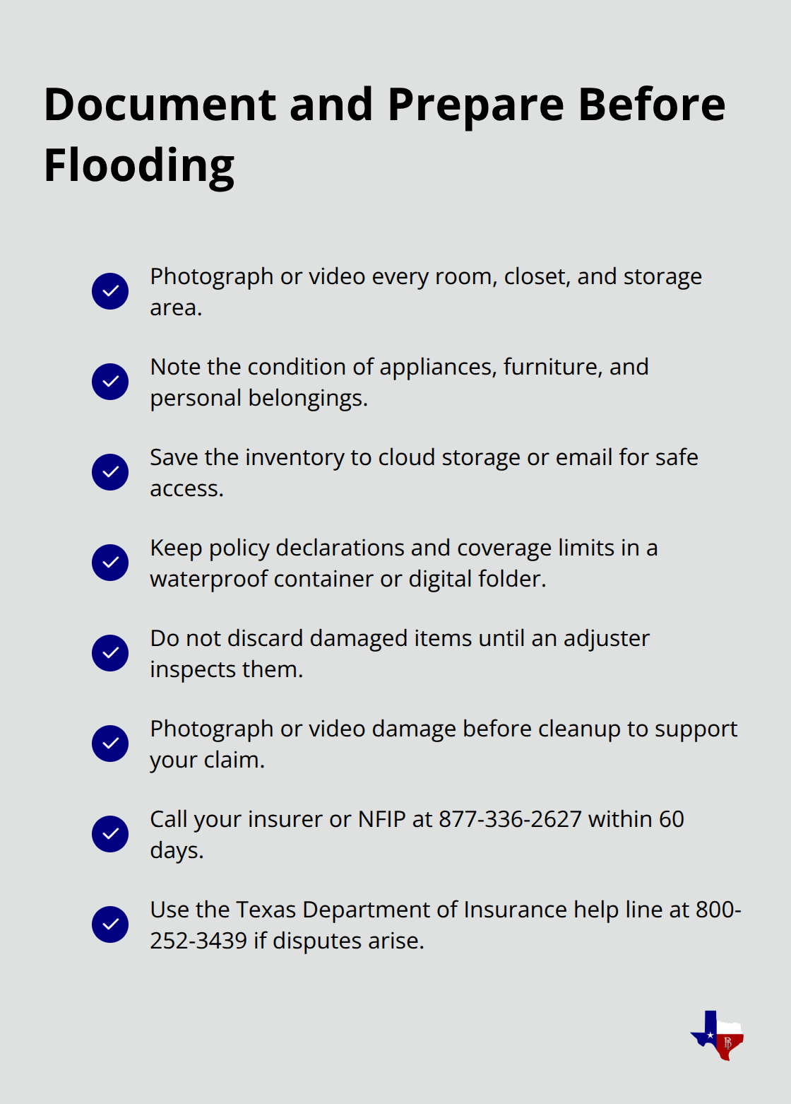 Checklist of steps to document your home and file flood claims effectively in Texas.