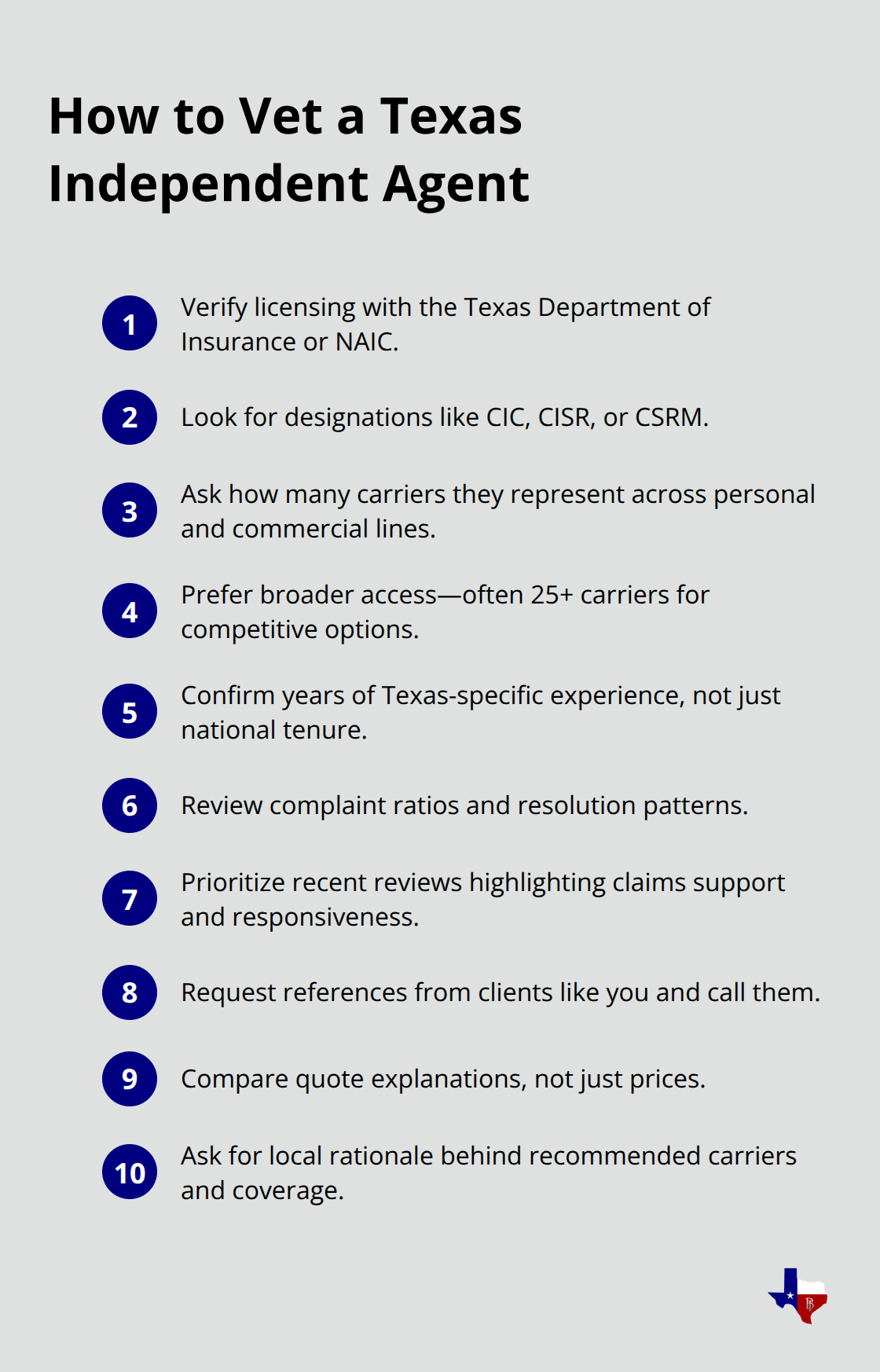 Compact checklist for evaluating an independent insurance agent in Texas