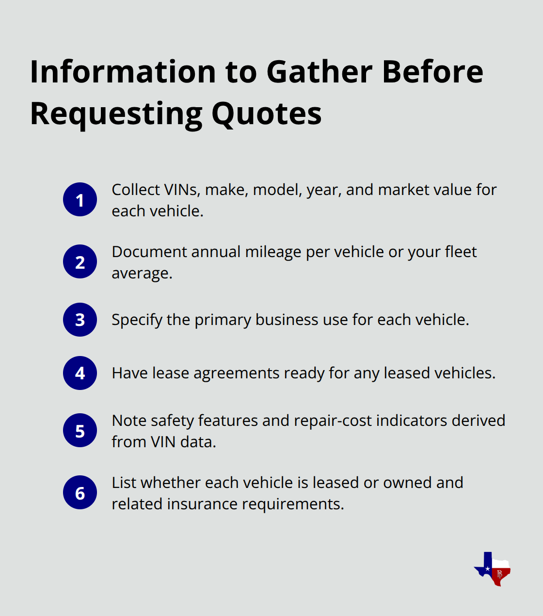 Checklist of data to collect for accurate Texas commercial auto quotes