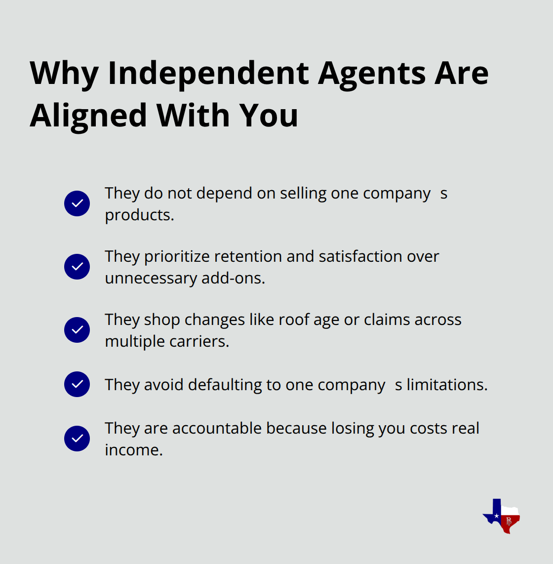 Checklist of ways independent agents put client interests first - Texas independent insurance agency