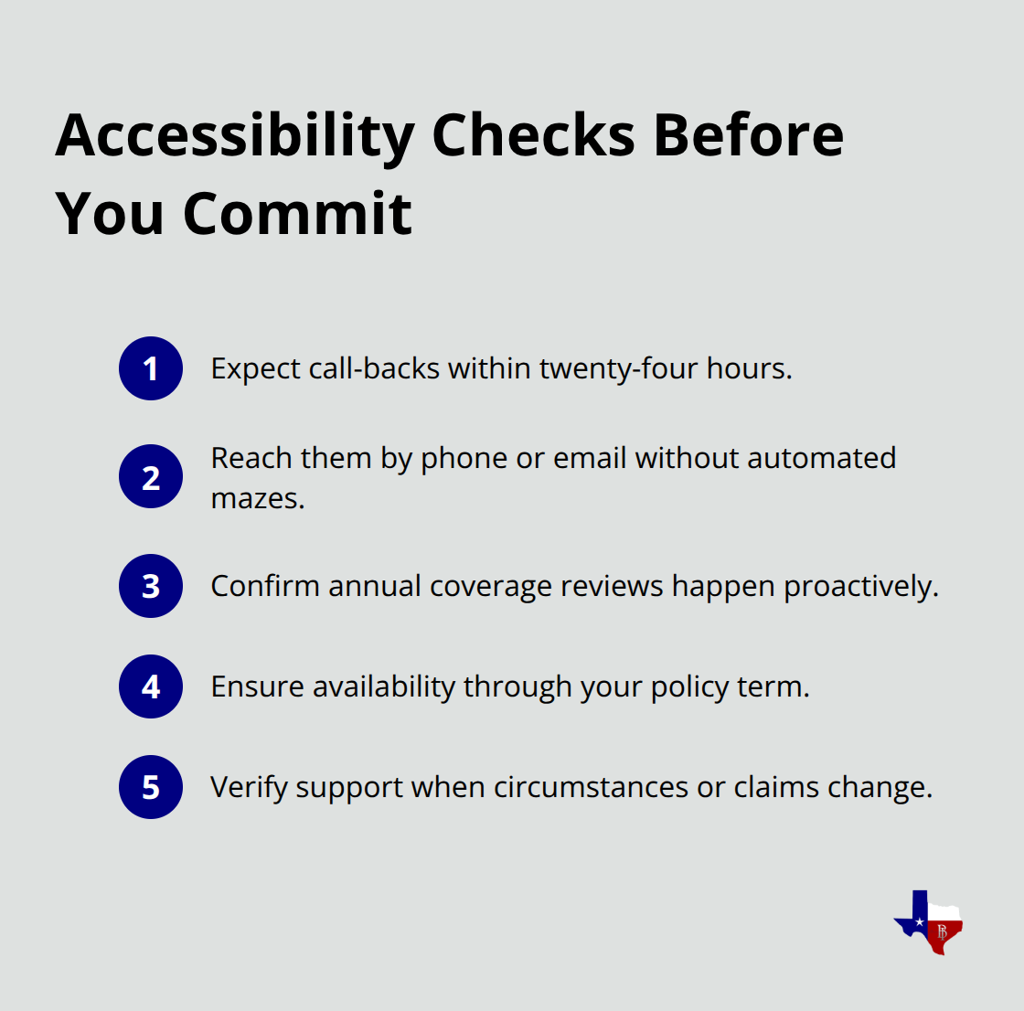 Compact checklist of accessibility standards for choosing an insurance agency - Texas independent insurance agency
