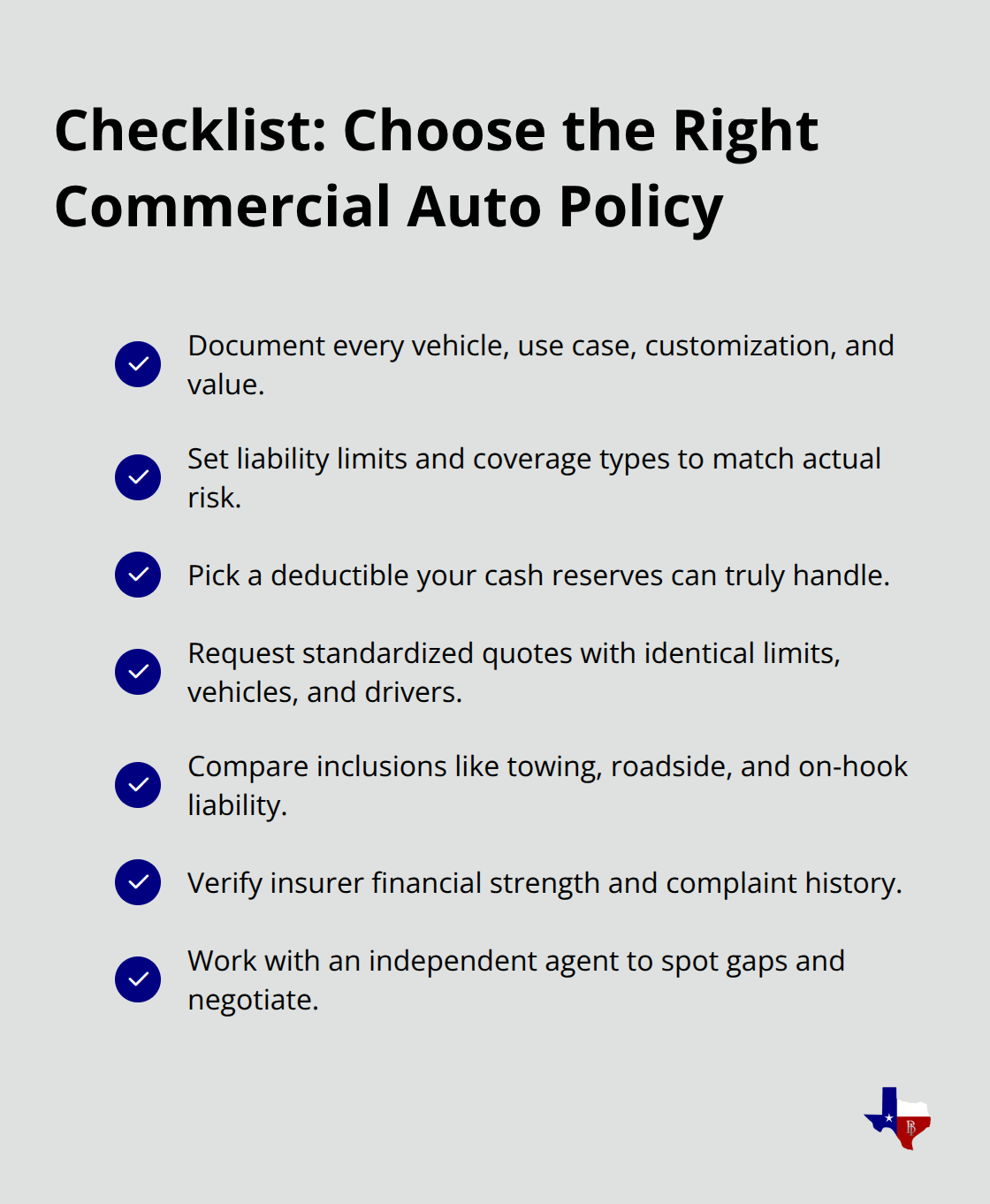 Checkmark list of practical steps to select the best commercial auto insurance for a business