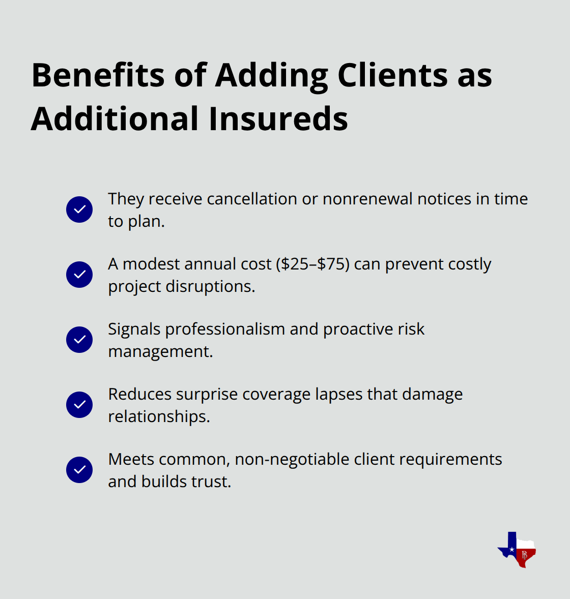 Checklist of advantages clients receive when added as additional insureds. - certificate of general liability insurance