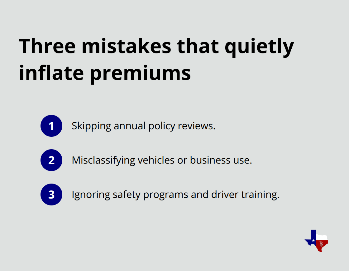Compact list of the top three mistakes that raise commercial auto insurance costs - cheap commercial auto insurance