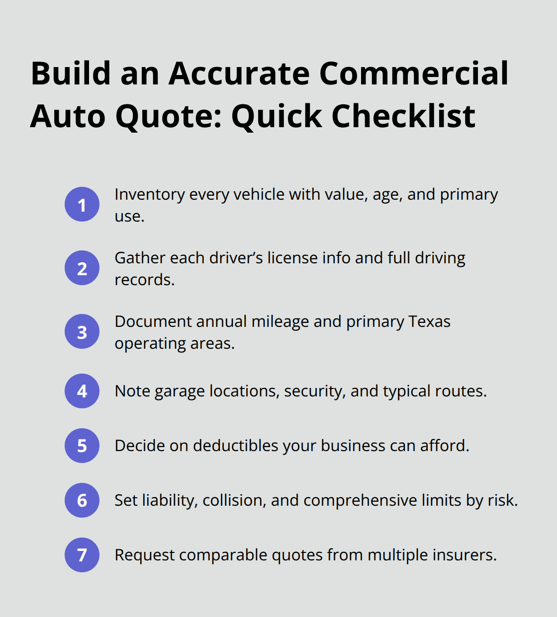 Compact checklist of steps Texas businesses should take to prepare accurate commercial auto insurance quotes. - commercial auto insurance Texas