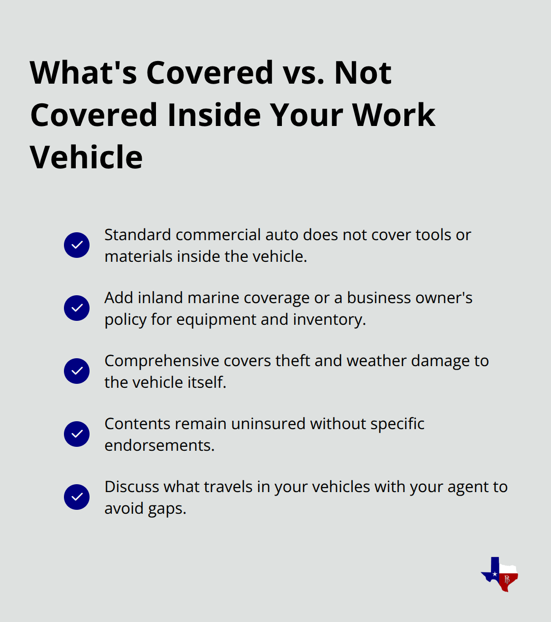 Checklist clarifying coverage for tools, equipment, and vehicle in commercial auto policies.