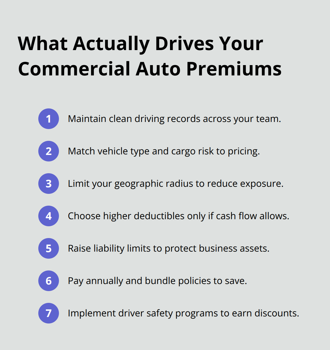 Compact list of key factors that influence commercial auto insurance premiums in Texas - commercial auto insurance for small business