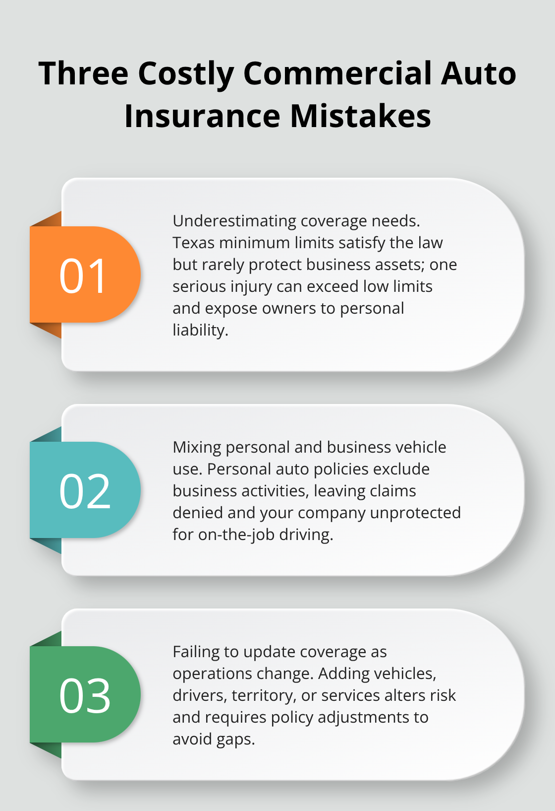 Stylized list explaining three common commercial auto insurance mistakes for small businesses in Texas