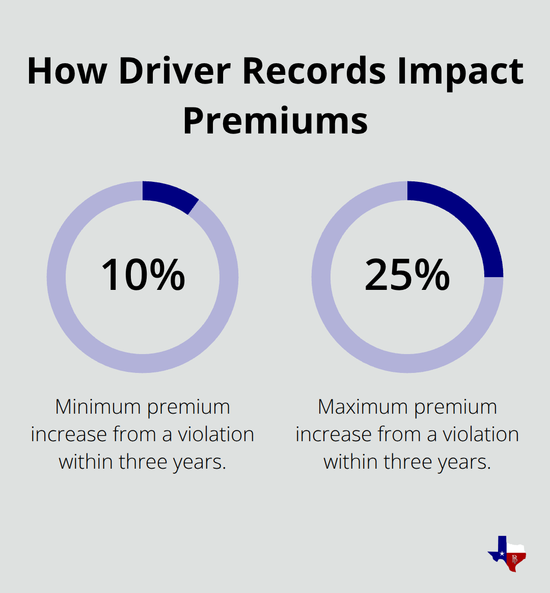 Chart showing premium increases from driving violations: 10% to 25% depending on severity.