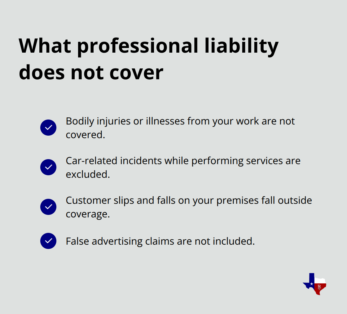 Checklist of exposures excluded by professional liability insurance, with guidance to seek other policies for those risks. - general and professional liability insurance