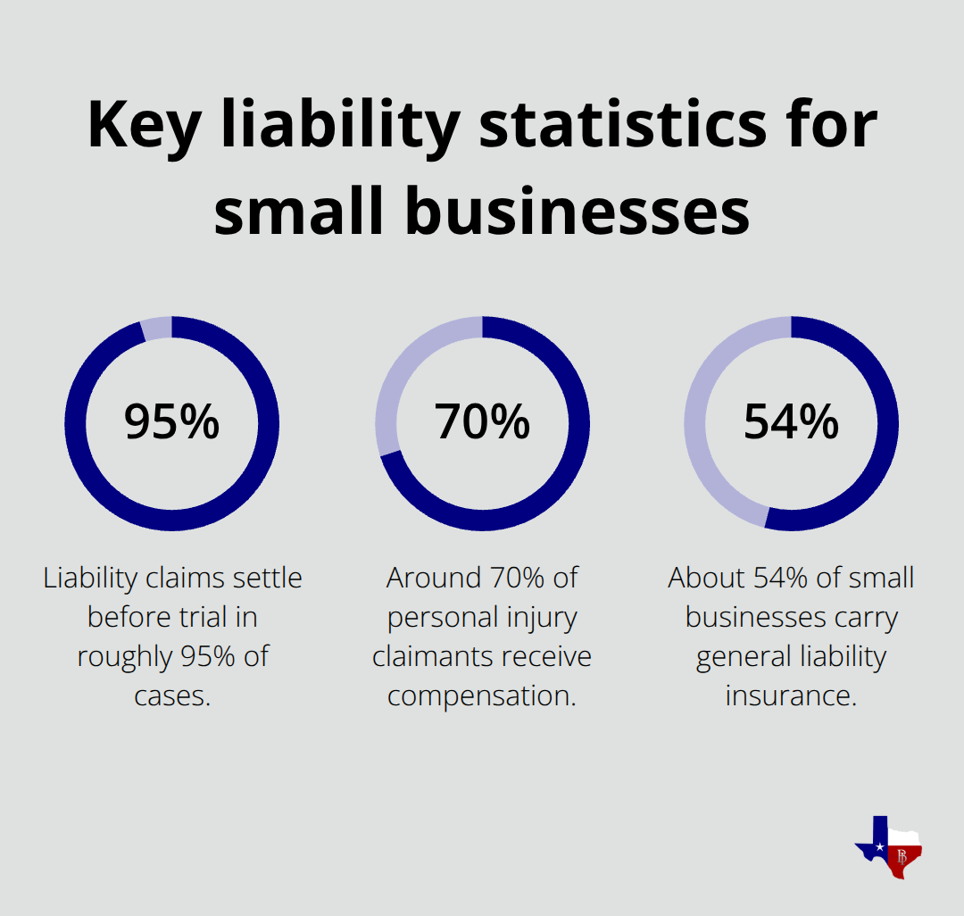 Chart showing settlement likelihood, claimant compensation rate, and general liability adoption among small businesses.