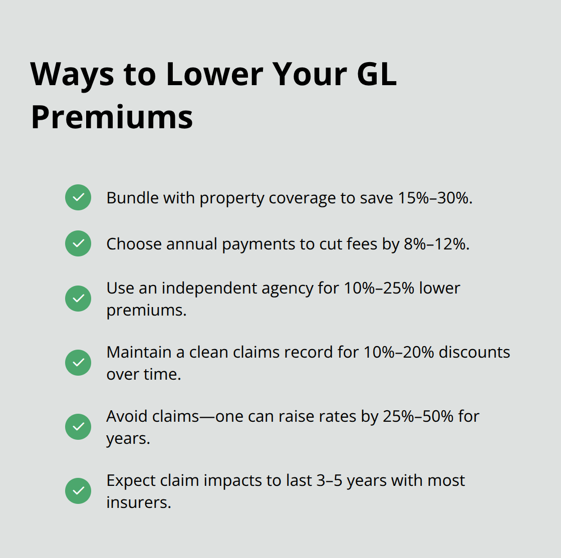 Checklist of proven strategies to reduce general liability insurance costs.