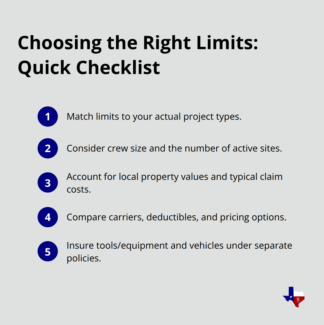 Compact checklist of key steps to set the right general liability limits for a Texas landscaping business. - landscaping general liability insurance